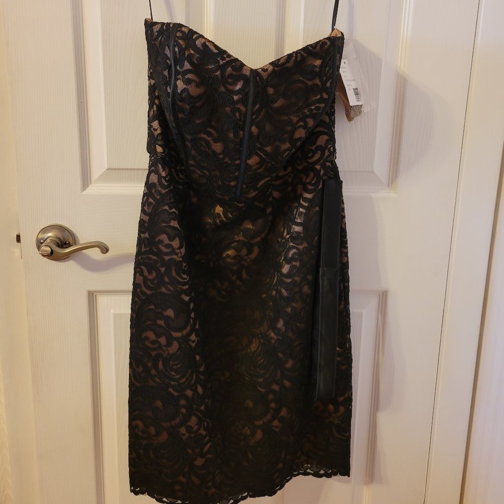 VIVIAN DIAMOND Dessy Collection Strapless Formal Dress Cappuccino Blk Lace Sz 12